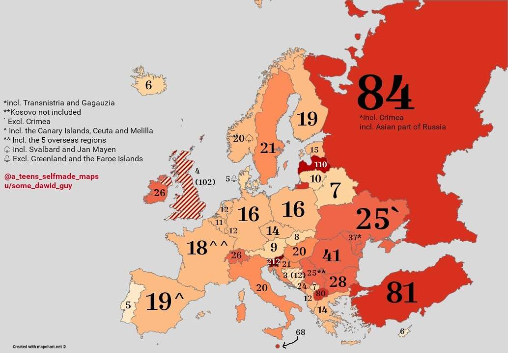 Amount of first-level subdivisions in every country in Europe