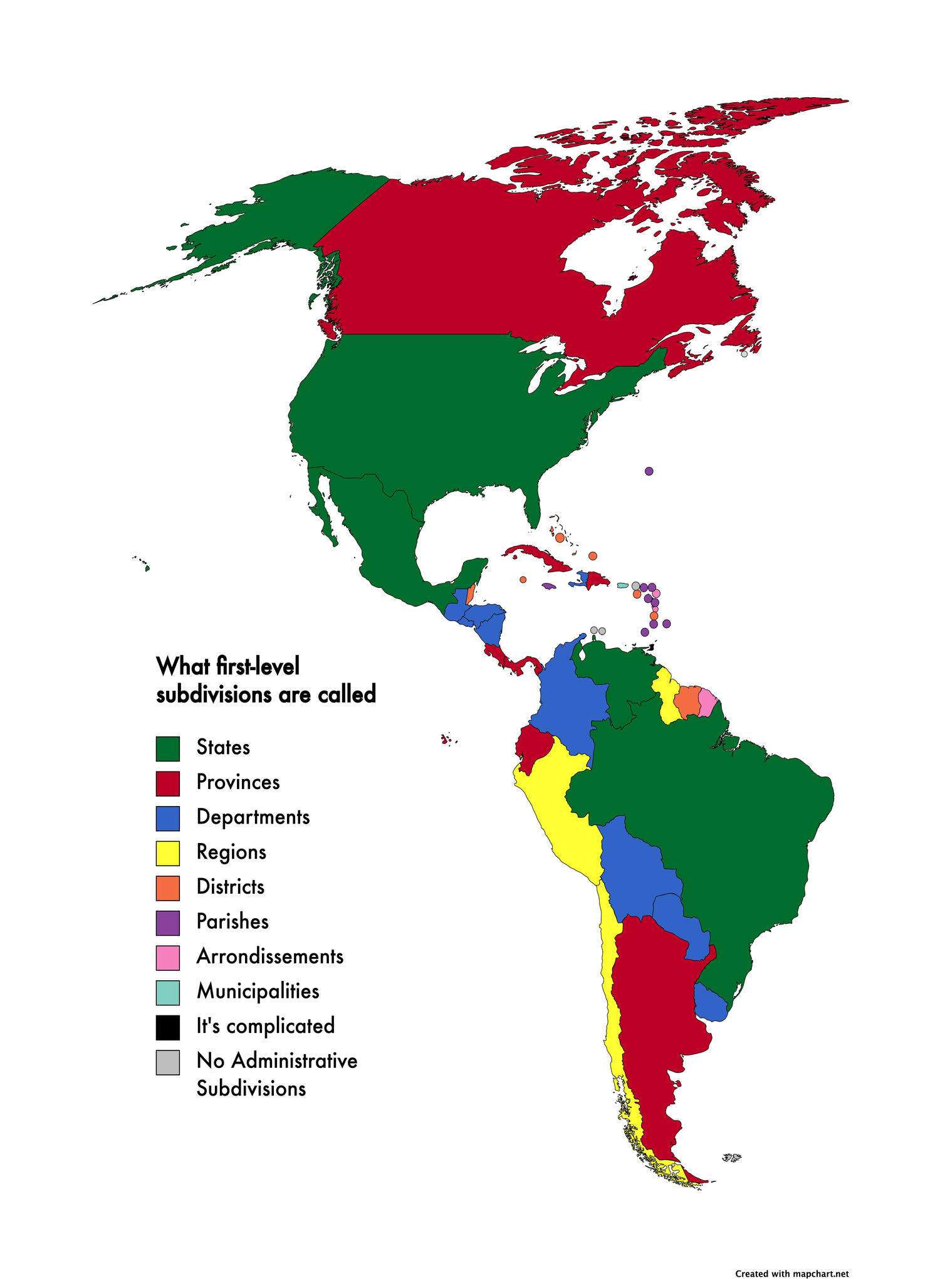 What countries in the Americas call their main first-level subdivisions