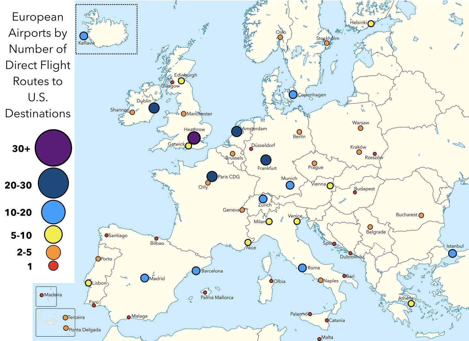 European airports with direct flights to the United States