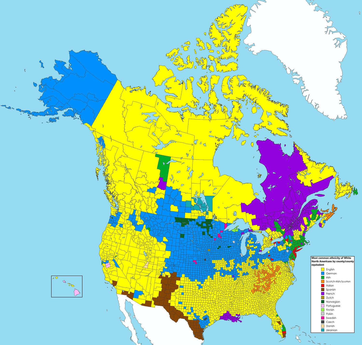 Most common ancestry of White North Americans by county/county equivalent