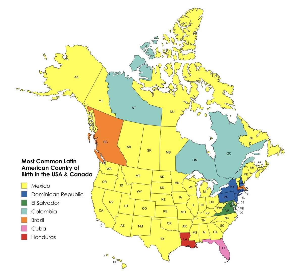 Most Common Latin American Country of Birth in the United States and Canada