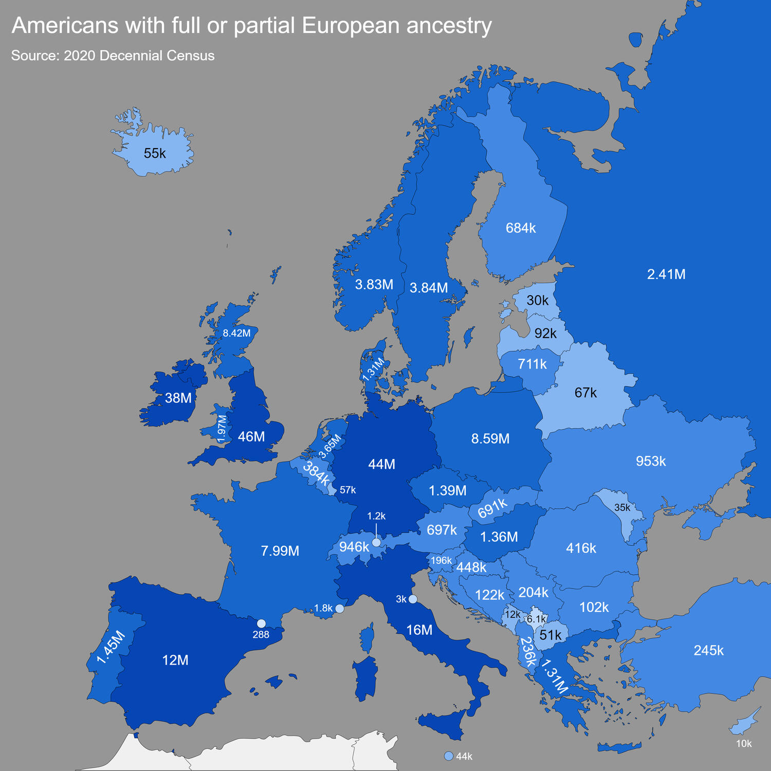 Number of Americans with European ancestry (full or partial)