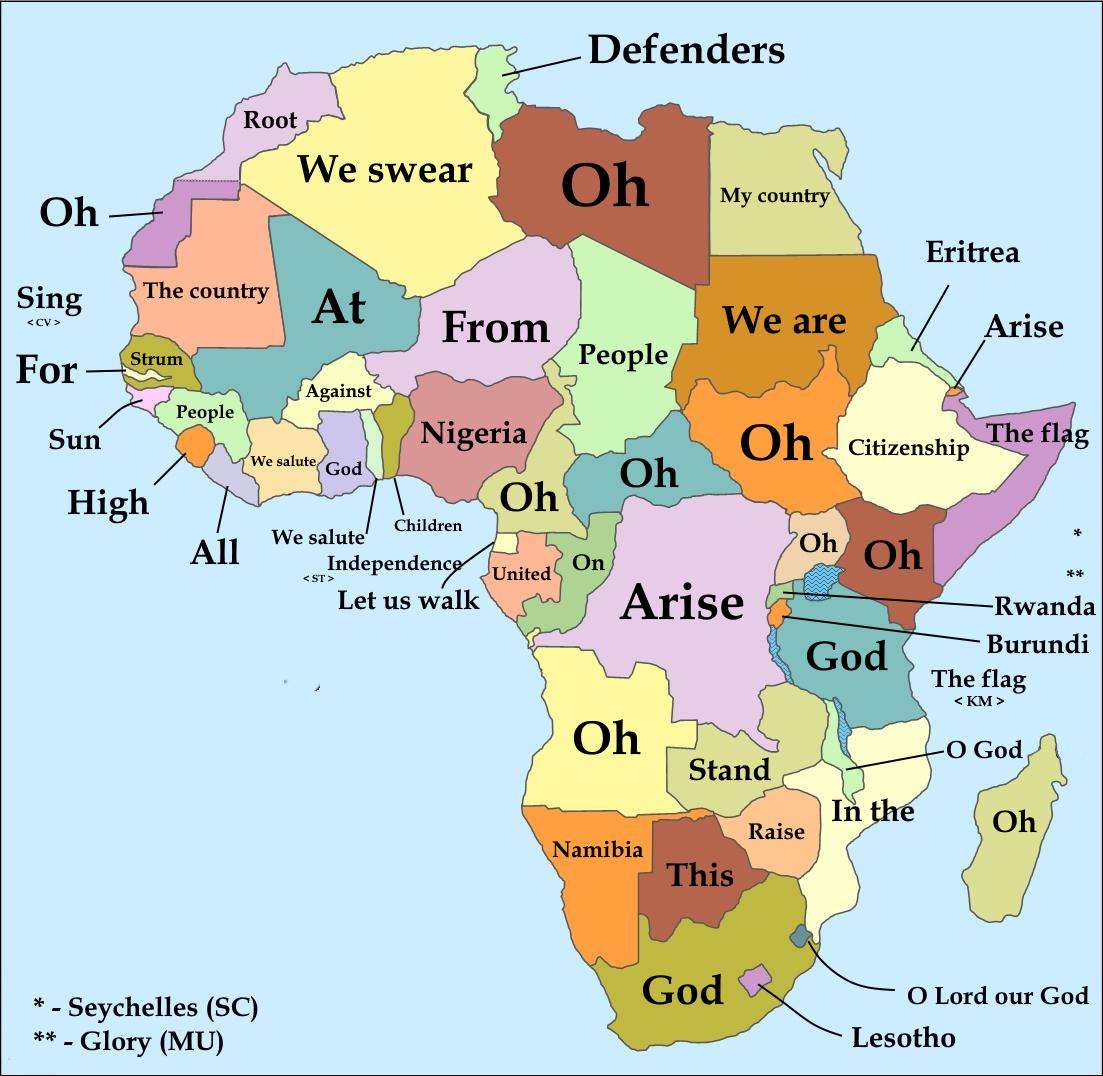 First word of national anthem of African countries translated to English