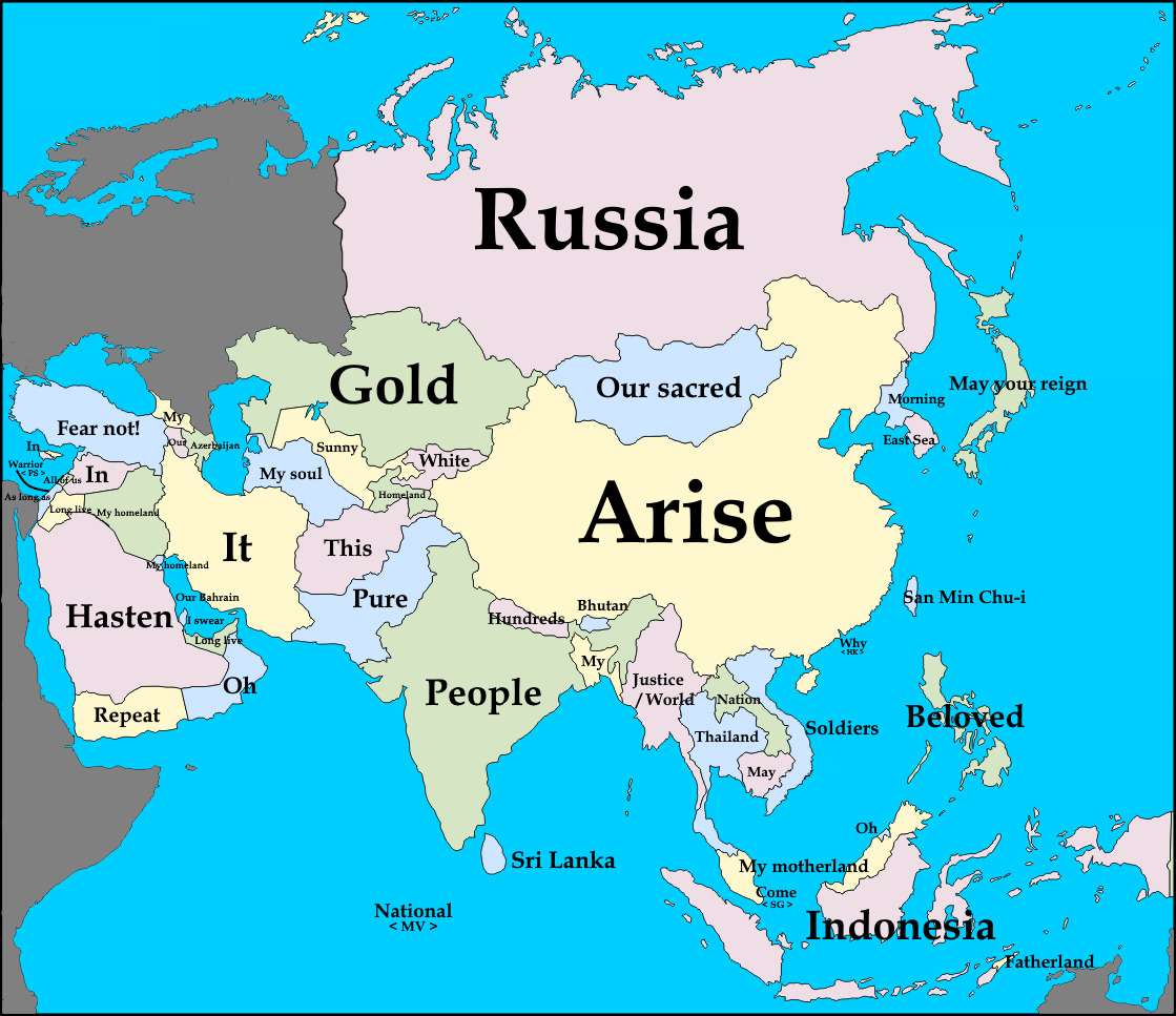 First word of National Anthem of Asian Countries Translated to English