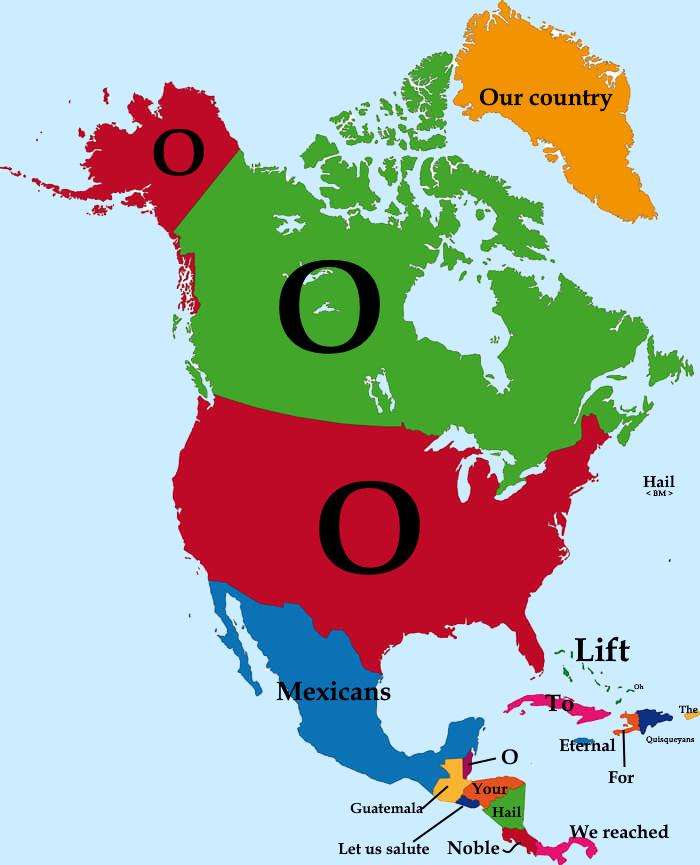 First word of national anthem of North American countries translated to English