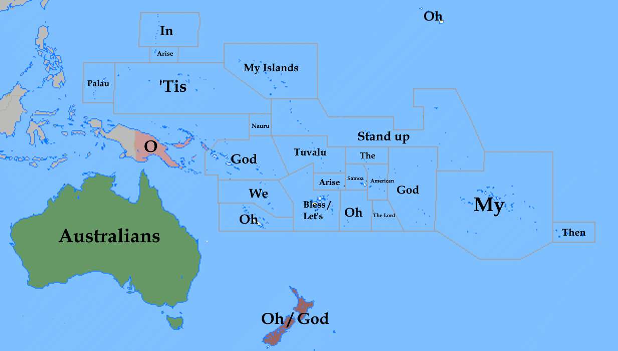 First word of national anthem of Oceanian countries translated to English