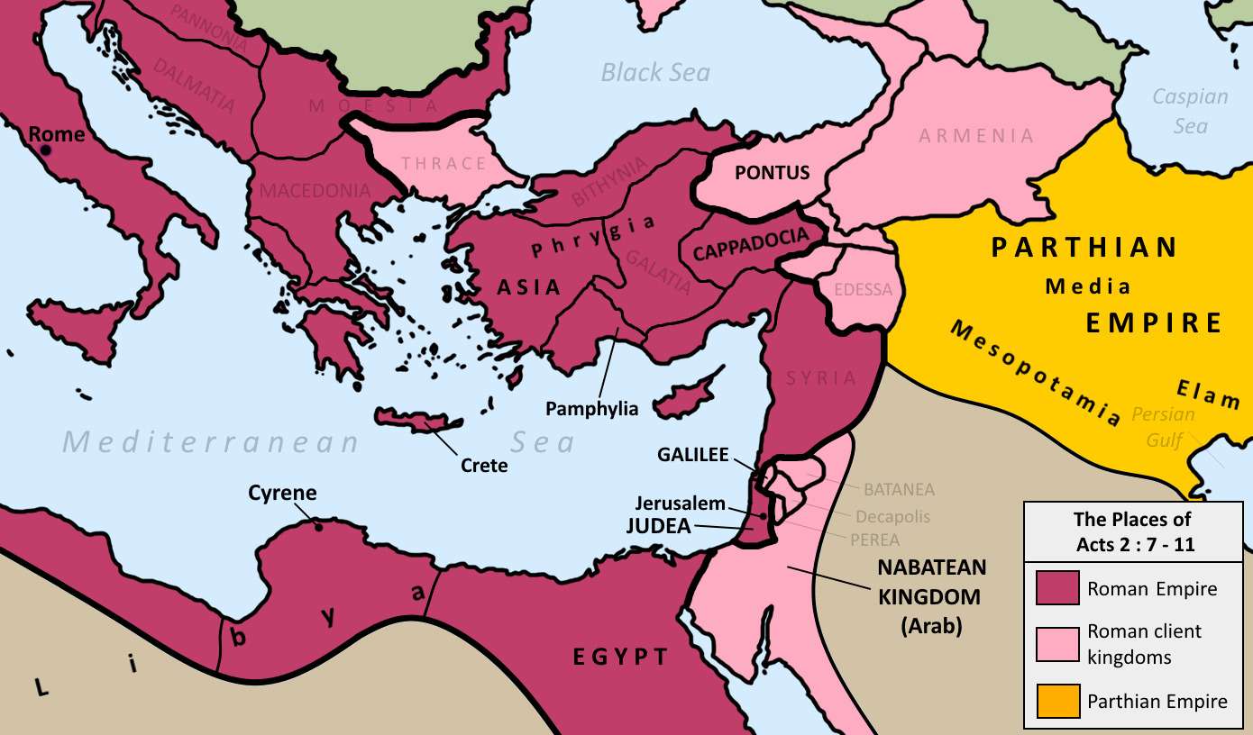 Map of all the places mentioned in Acts 2:7-11