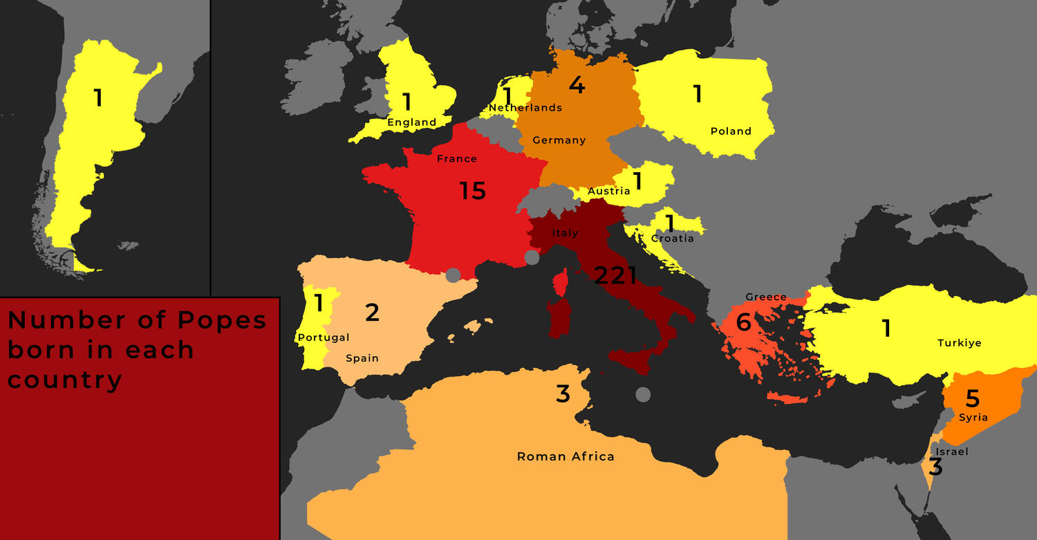 Number of Popes Born in every Country