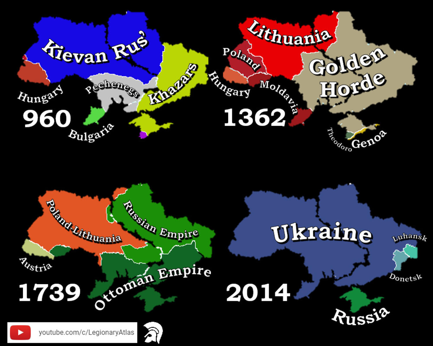 Map of present-day Ukraine in 960 AD, 1362, 1739, and 2014