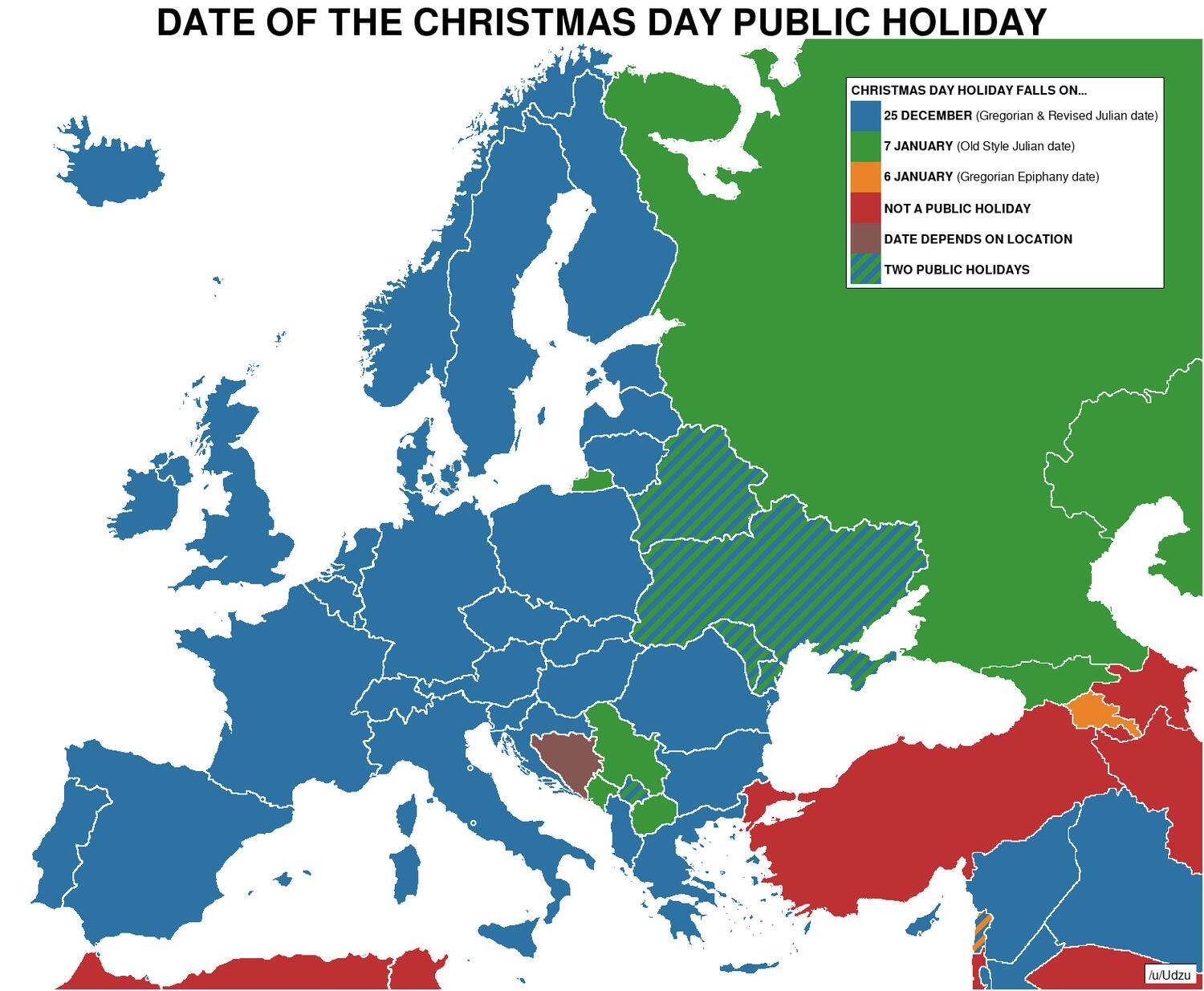 Date of "Christmas Day" public holiday in Europe