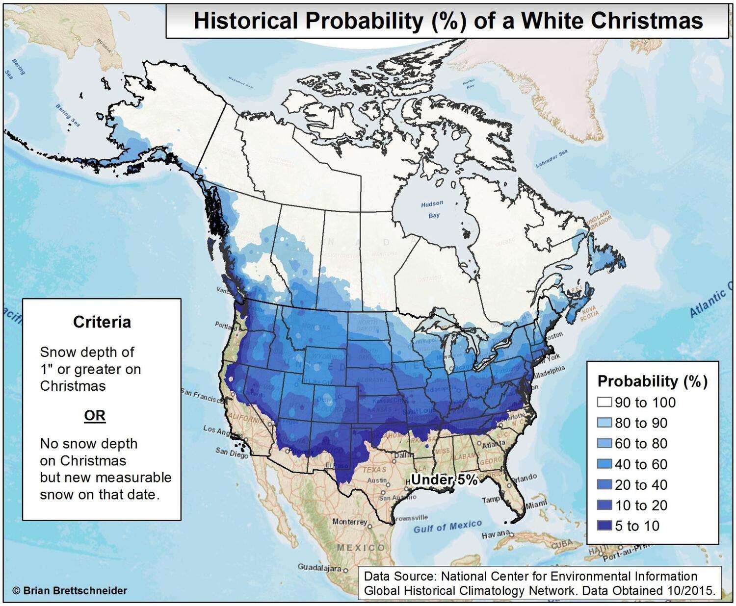 Historical probability of a white Christmas in North America
