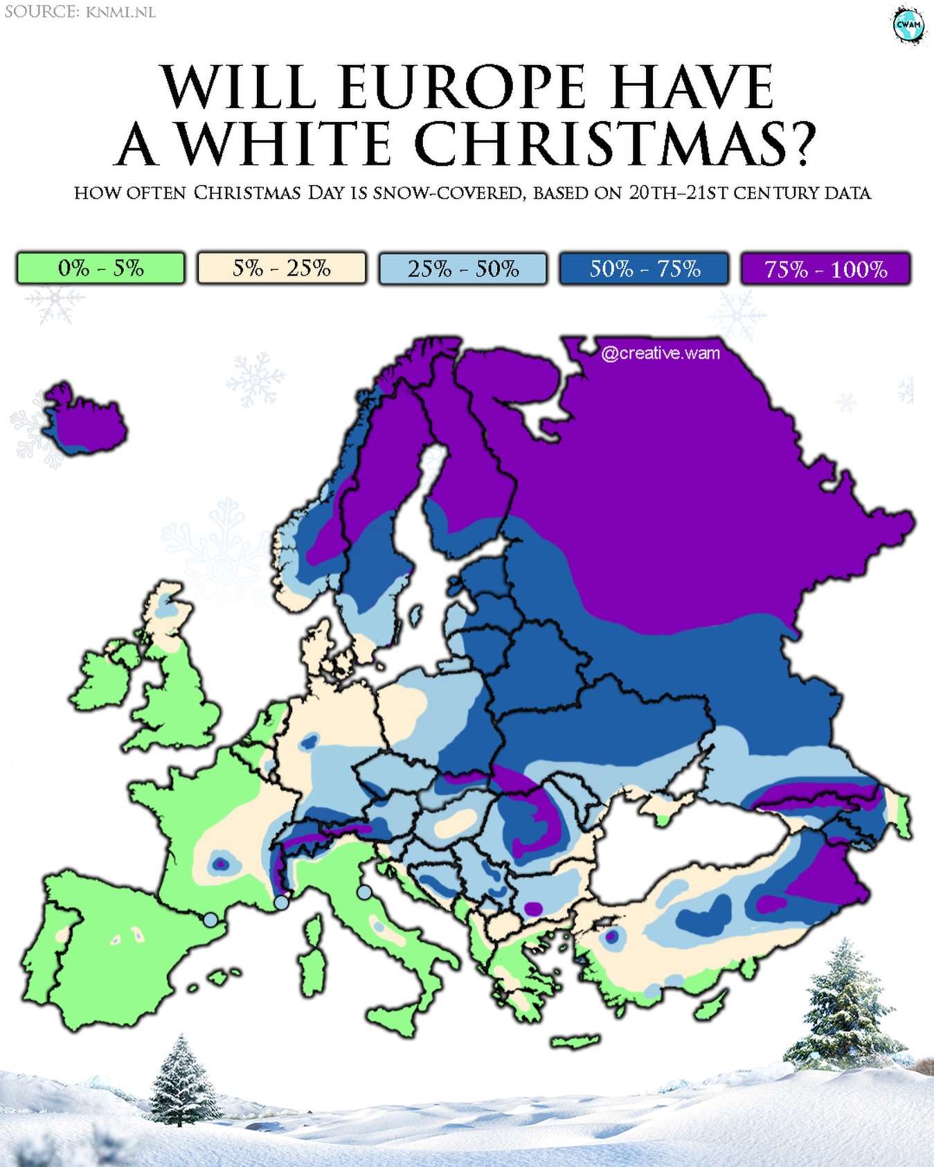How often Christmas day is snow-covered in Europe?