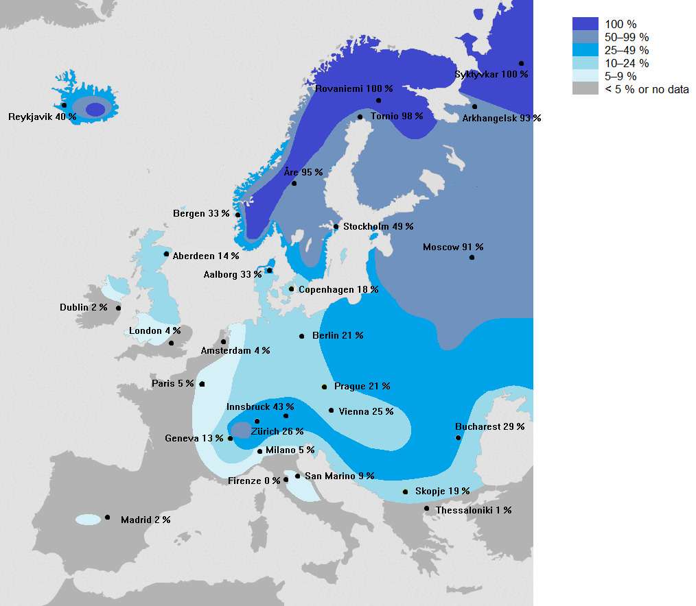 Probability of a white Christmas in Europe