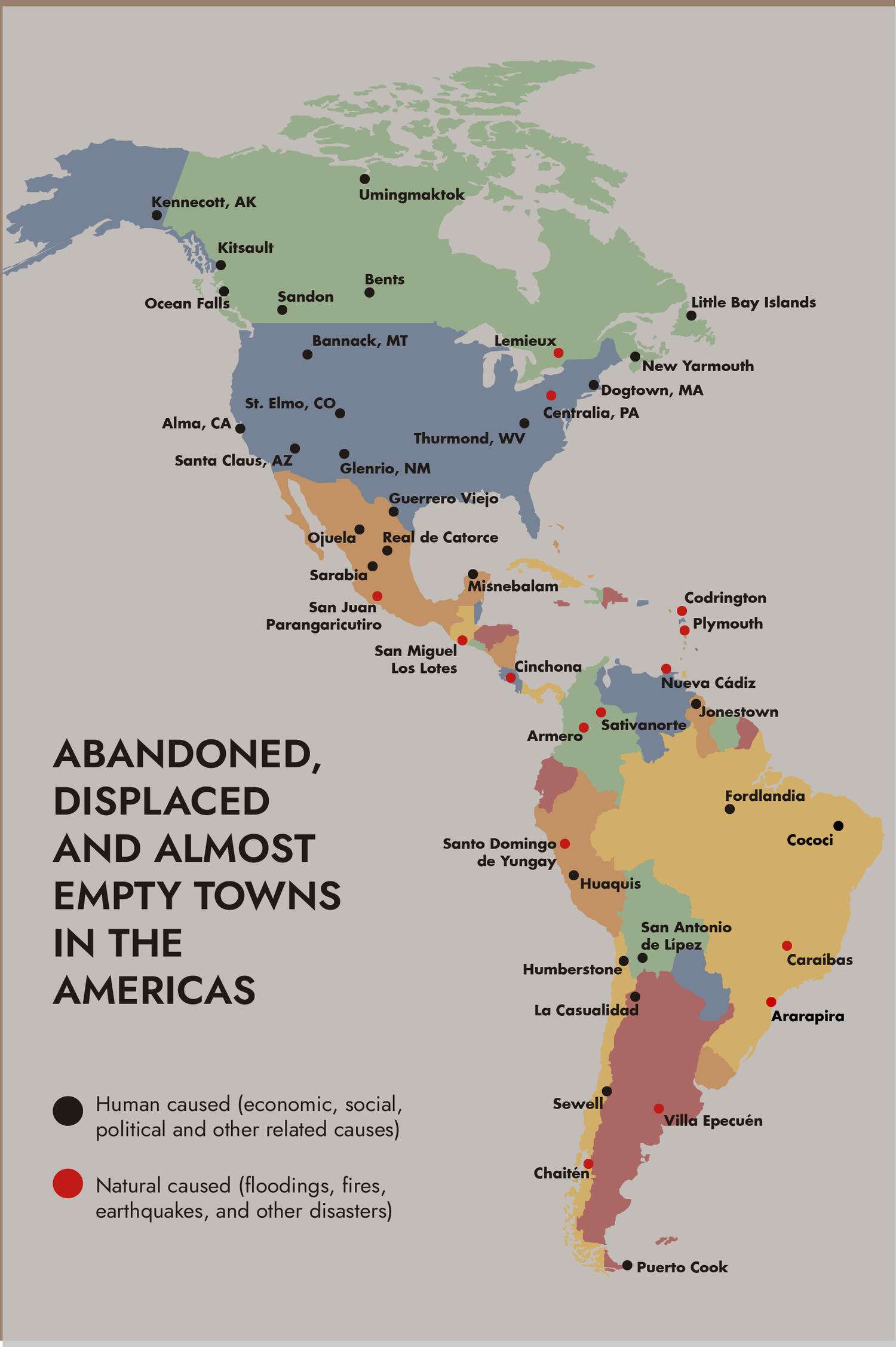 Abandoned, displaced and almost empty towns in the Americas