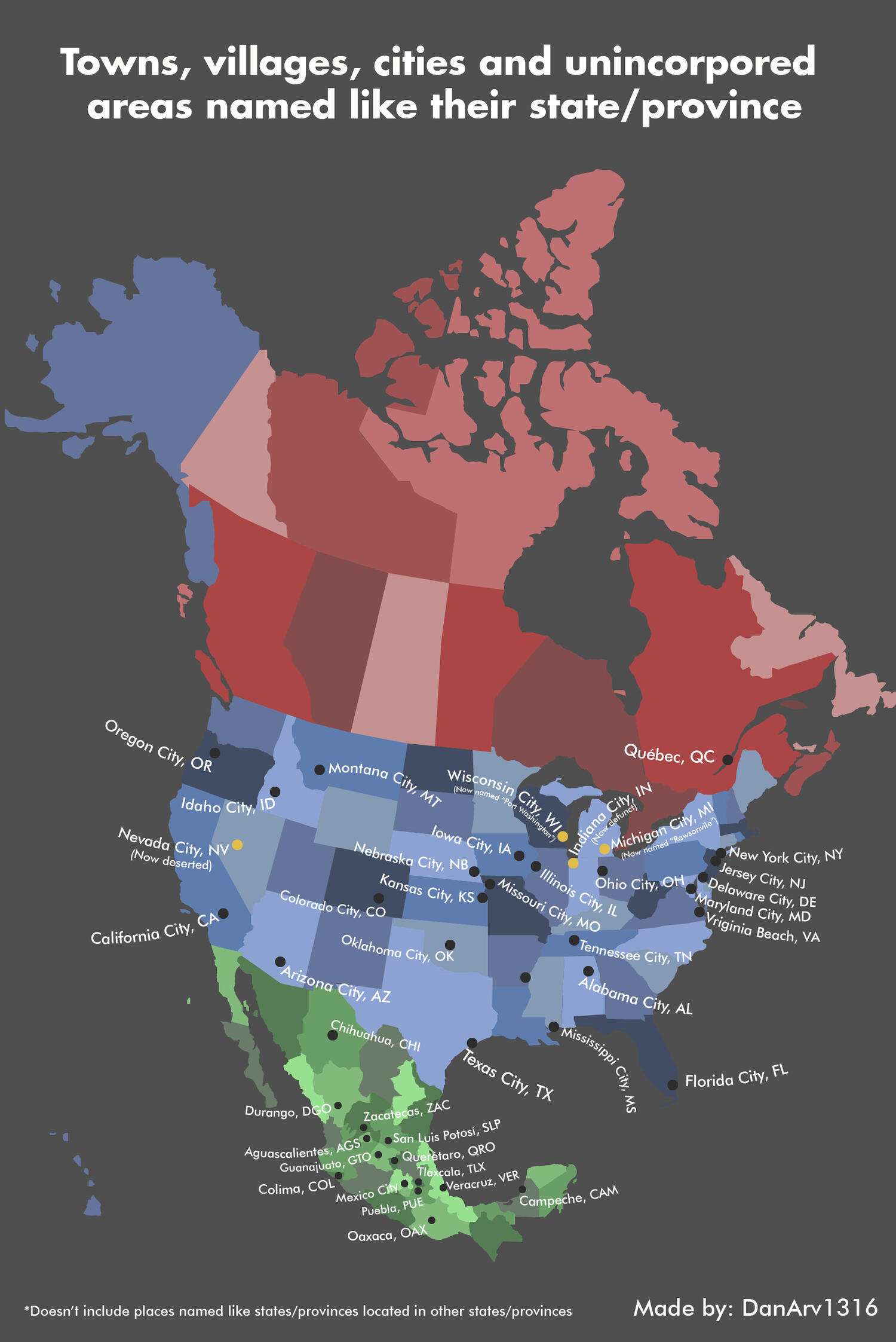 Towns, villages, cities and unincorpored areas of North America named like their state/province