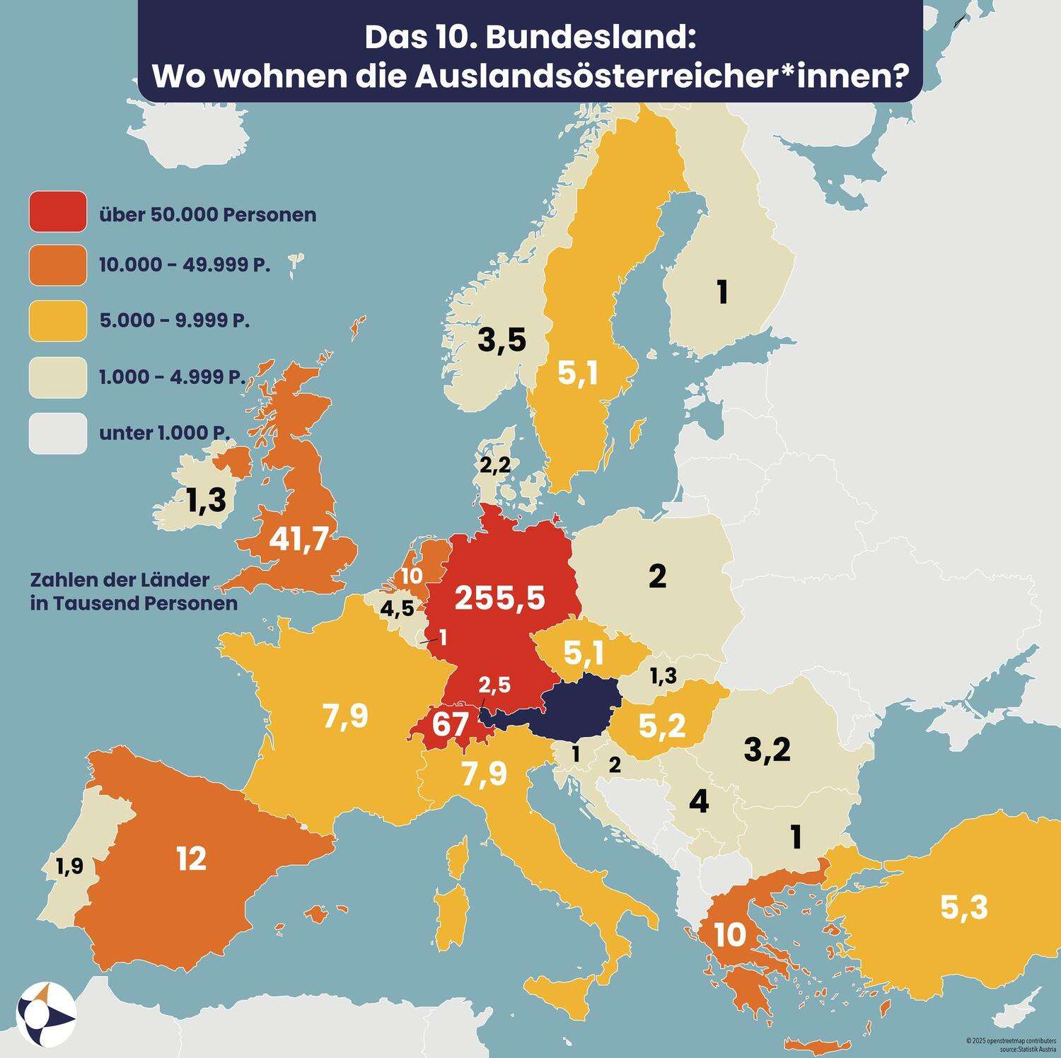 Number of Austrians living in European countries (in thousands)
