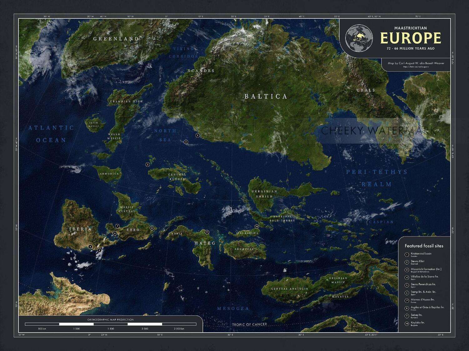 Europe at the end of the Cretaceous period, 72-66 million years ago