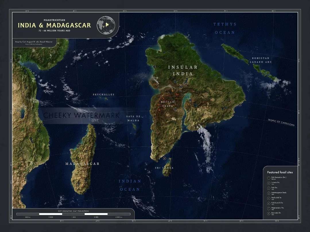 India and Madagascar at the end of the Cretaceous period, 72-66 million years ago