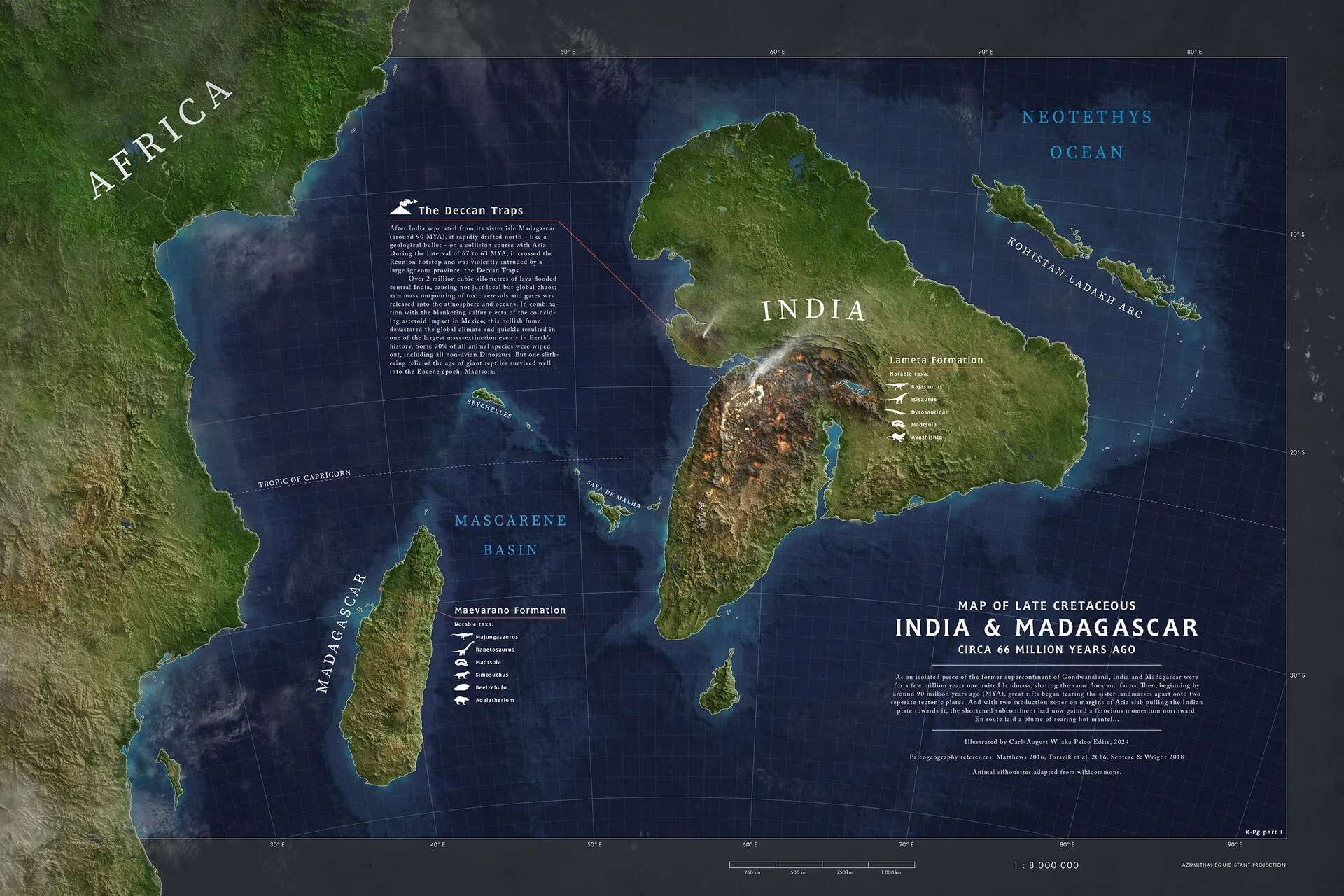 Map of India and Madagascar 66 million years ago