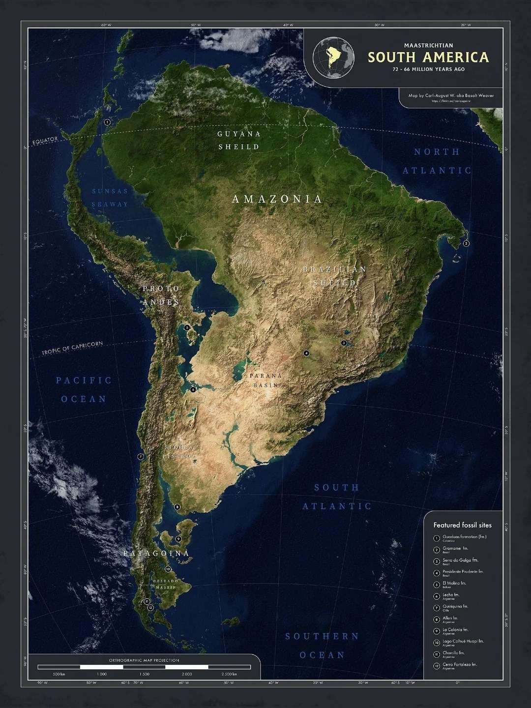 South America at the end of the Cretaceous period, 72-66 million years ago