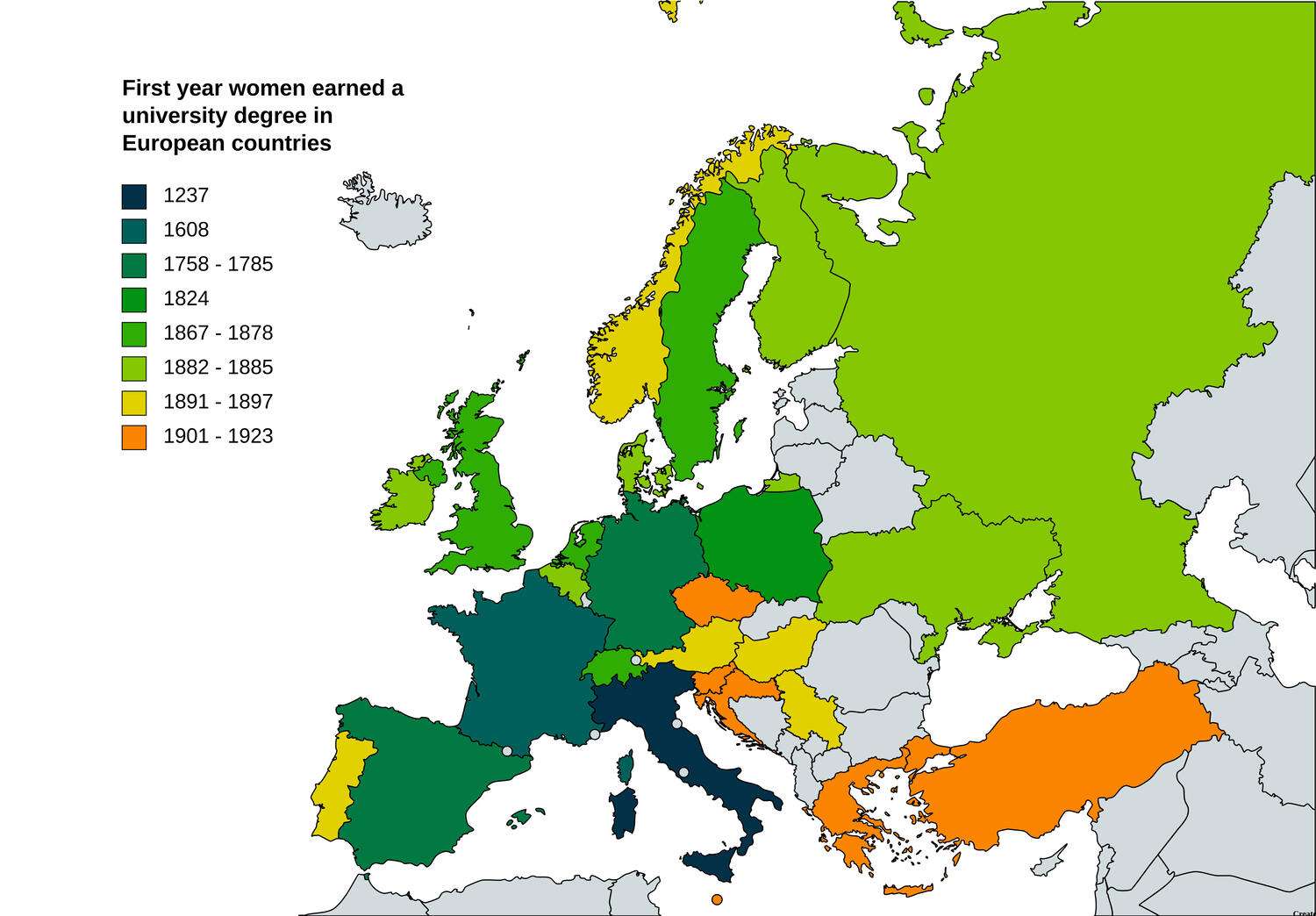  First year a woman earned a university degree in European countries