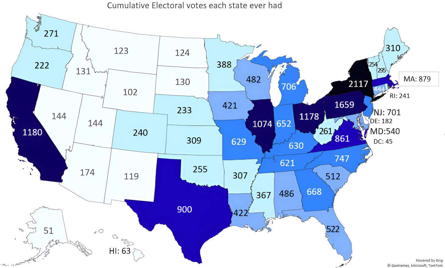 Cumulative electoral college votes of each US state across all the past presidential elections