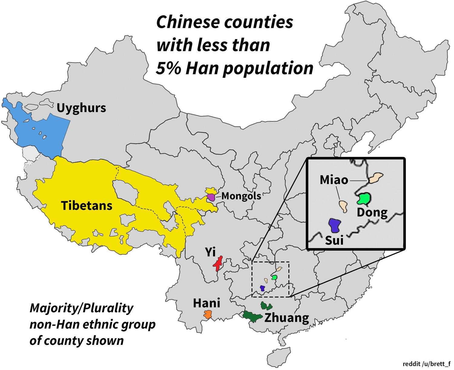 China without the Chinese - Chinese counties with less than 5% Han population