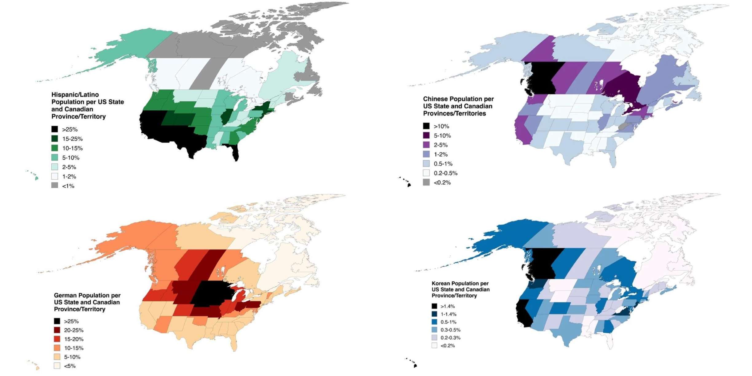 Hispanic, German, Chinese, and Korean Populations throughout Canada and the US