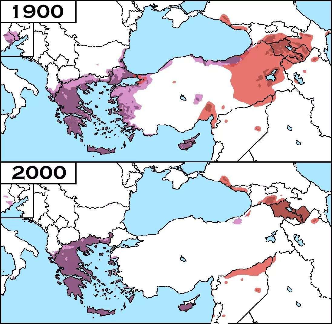 Map of Greek and Armenian populated areas before 1900 vs 2000