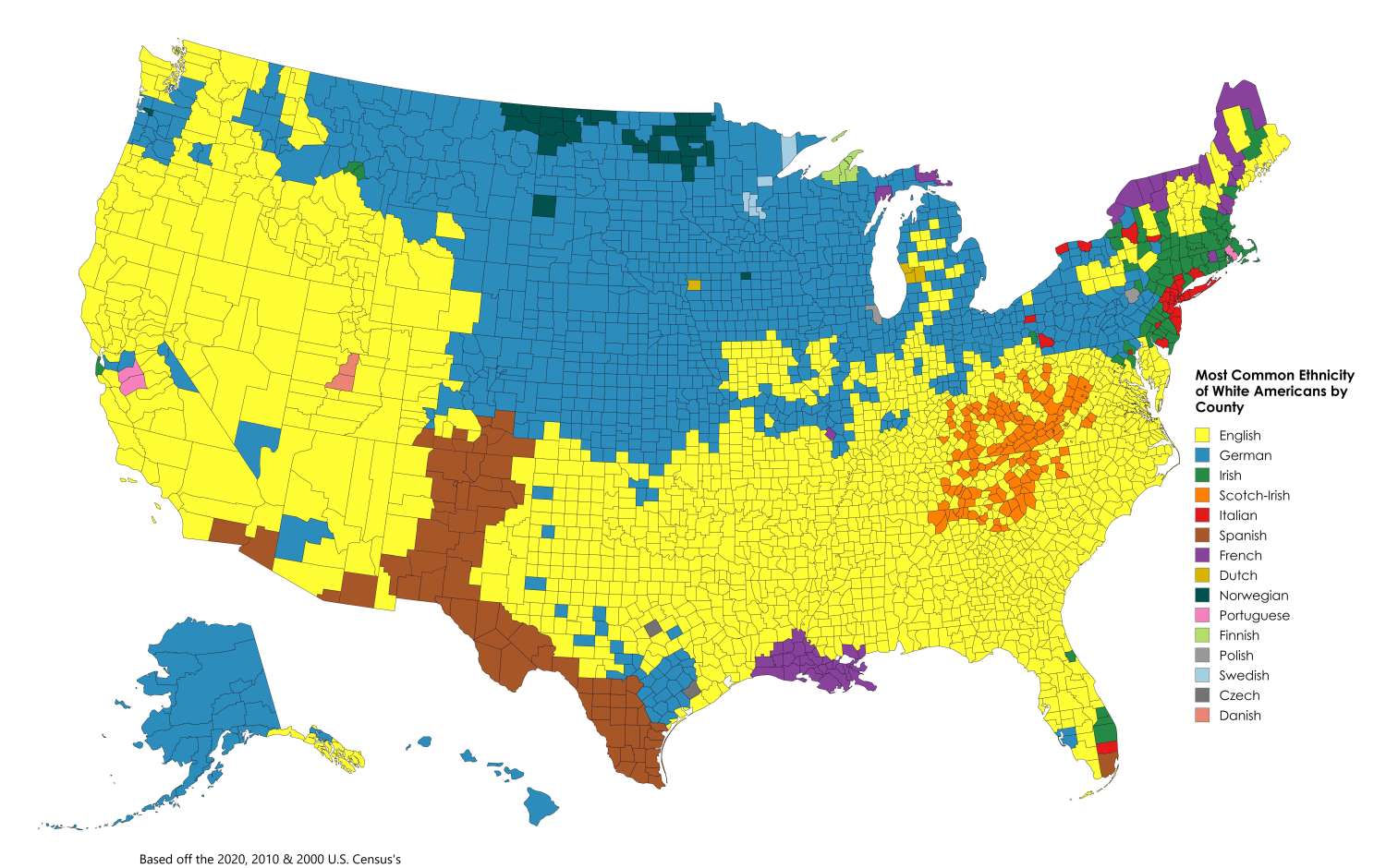 Most common ethnicity of White Americans by county