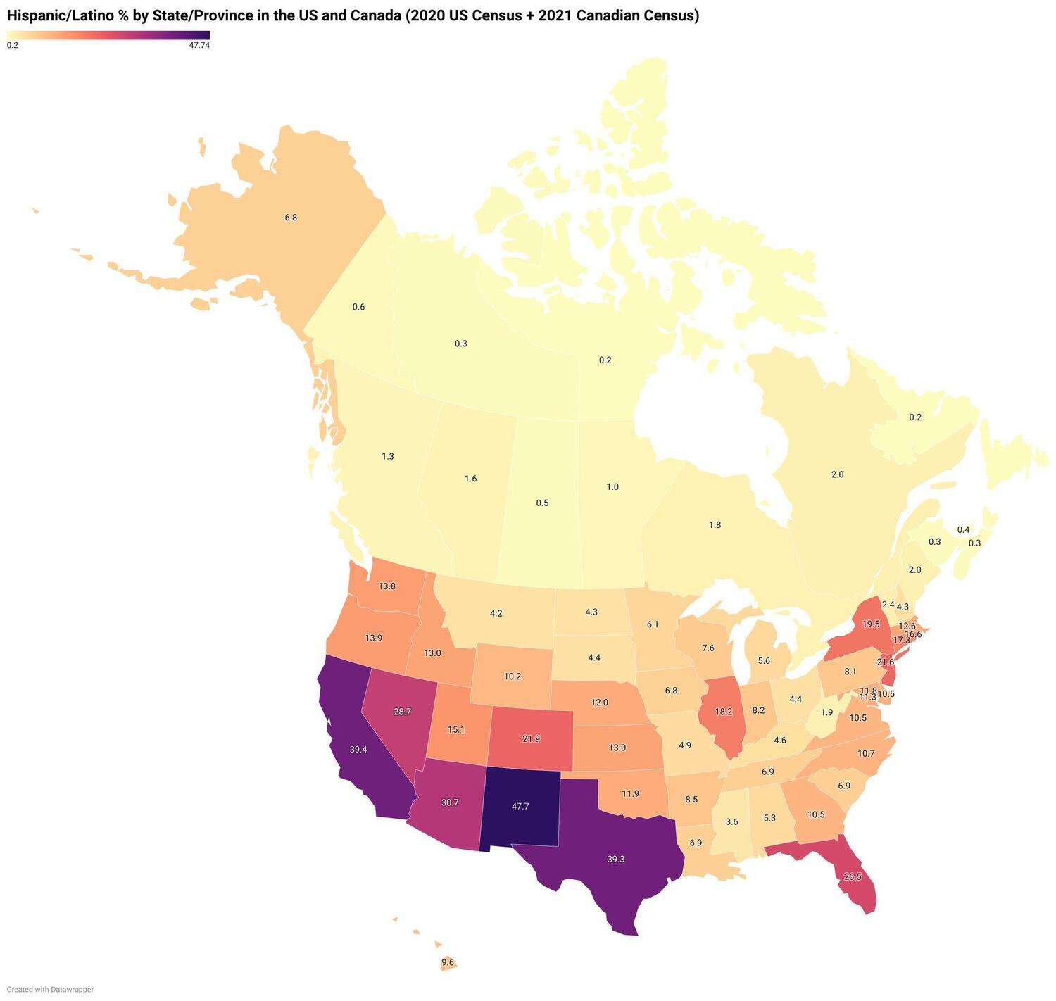 Percentage of Hispanic/Latino in the US and Canada