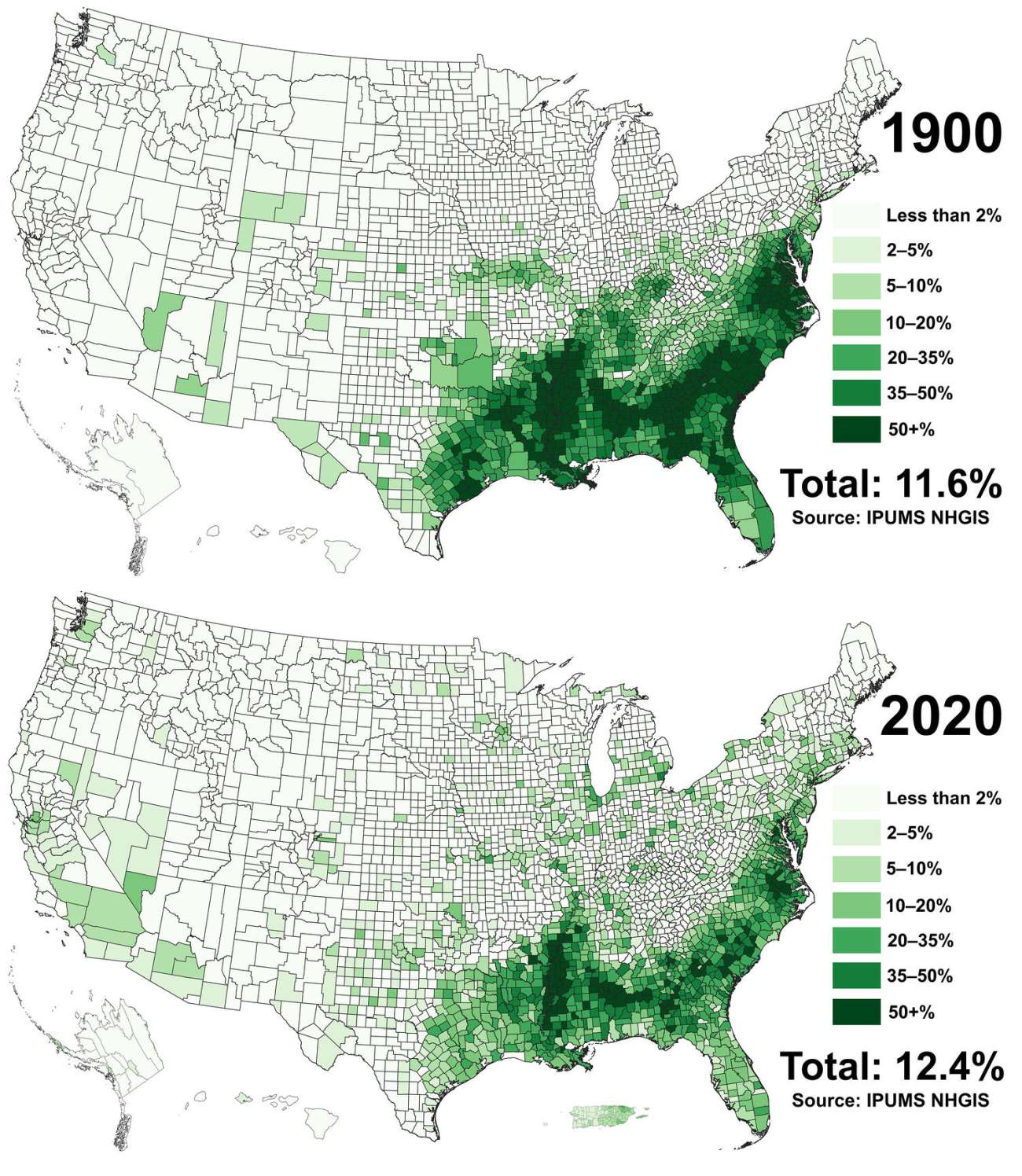 The Black Population in the US in 1900 vs 2020