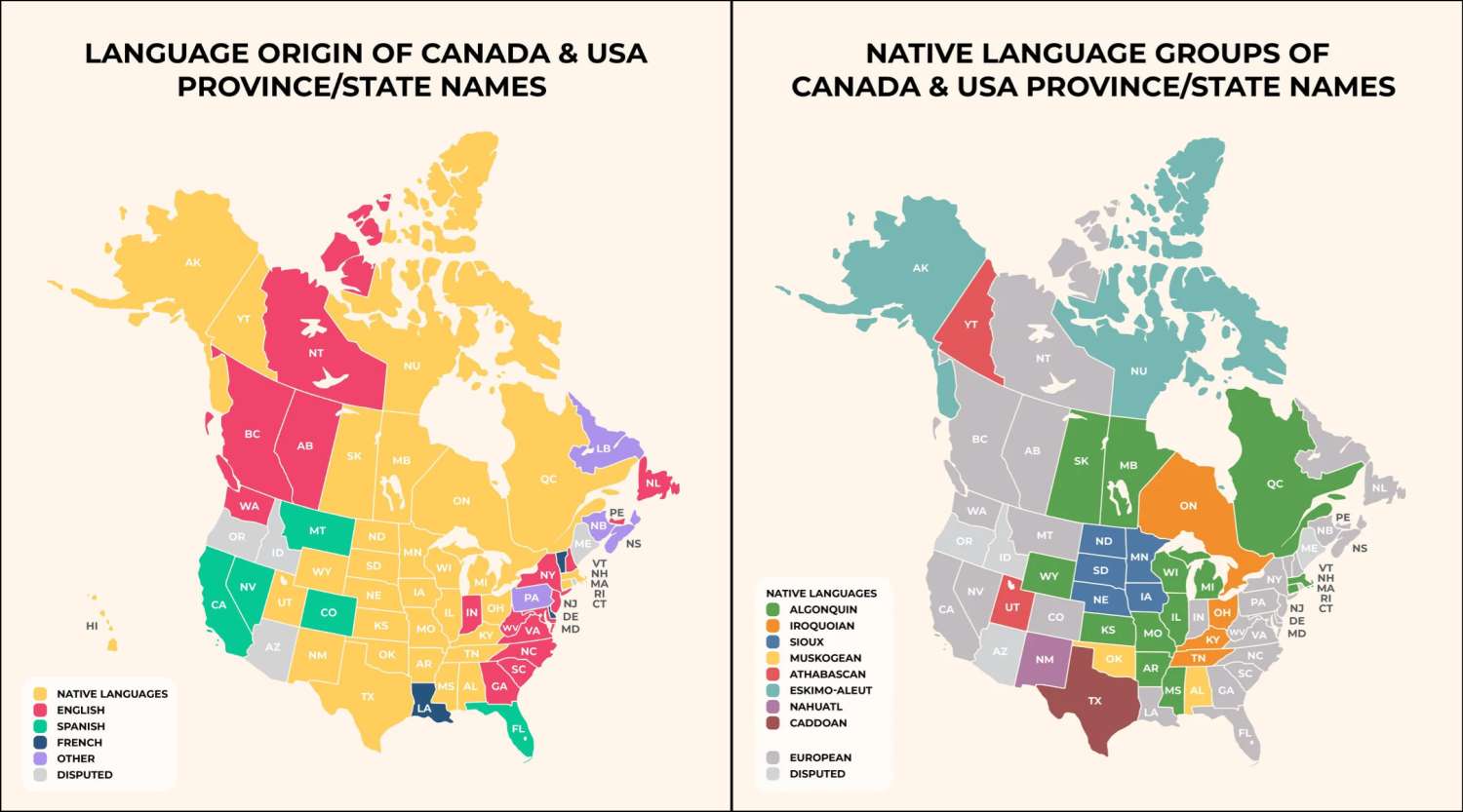 Language Origins for US and Canada State/Province Names