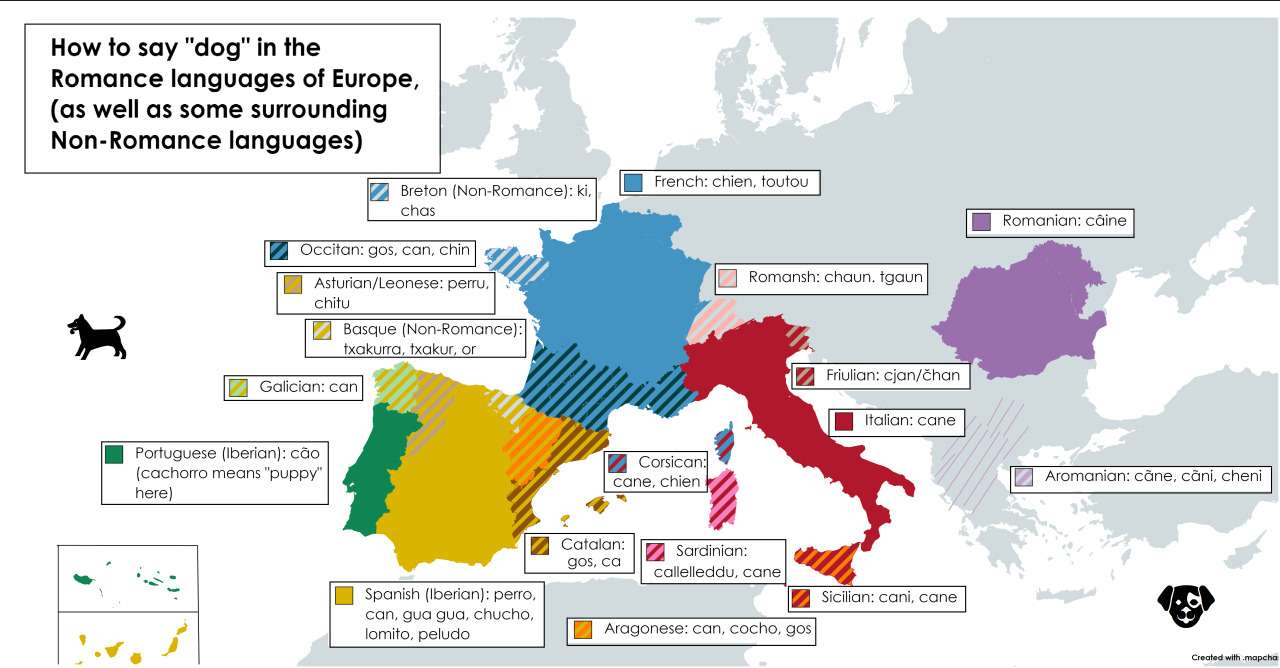 How to say "dog" in Romance languages in Europe