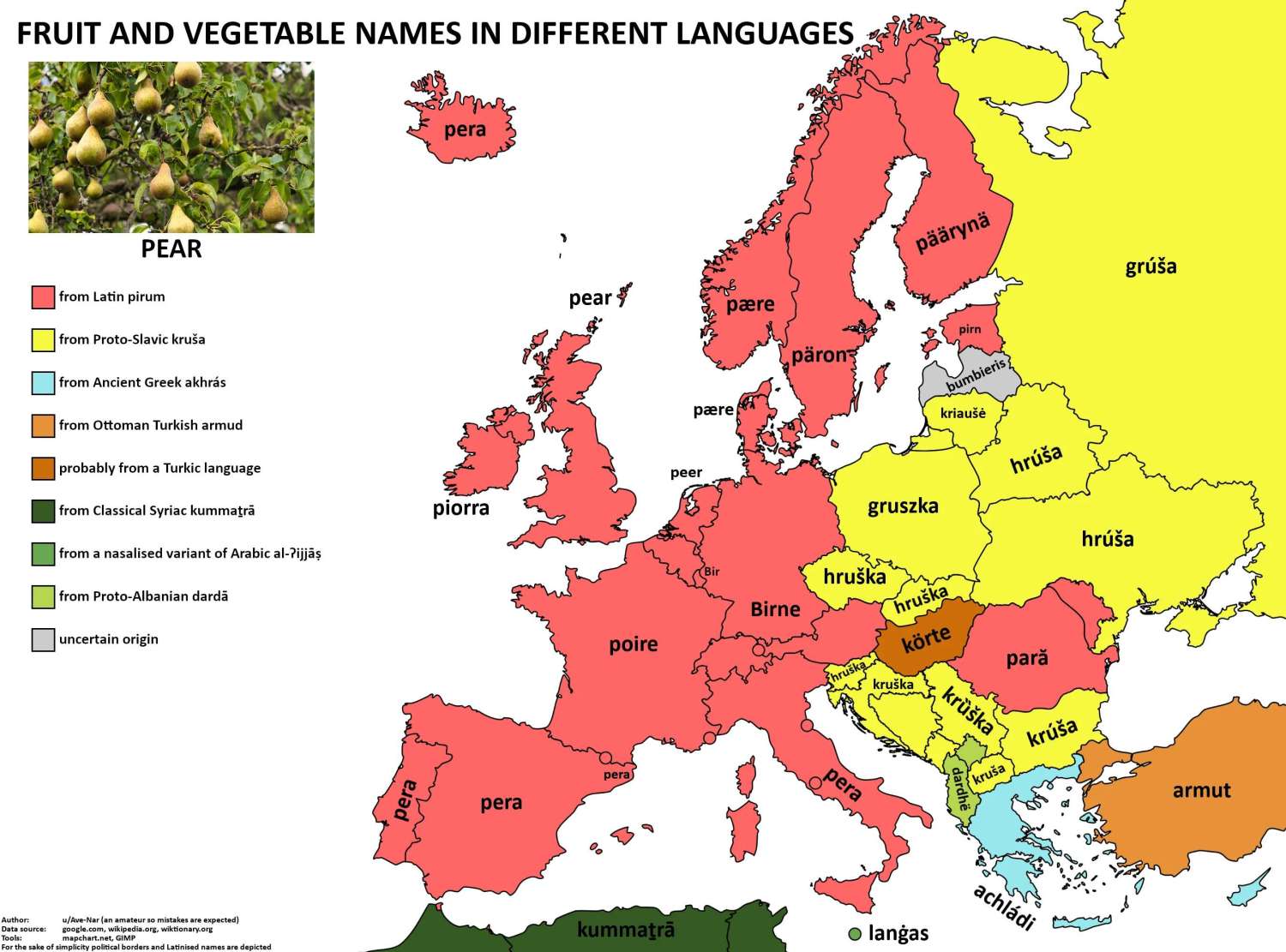 The word 'pear' in European languages.