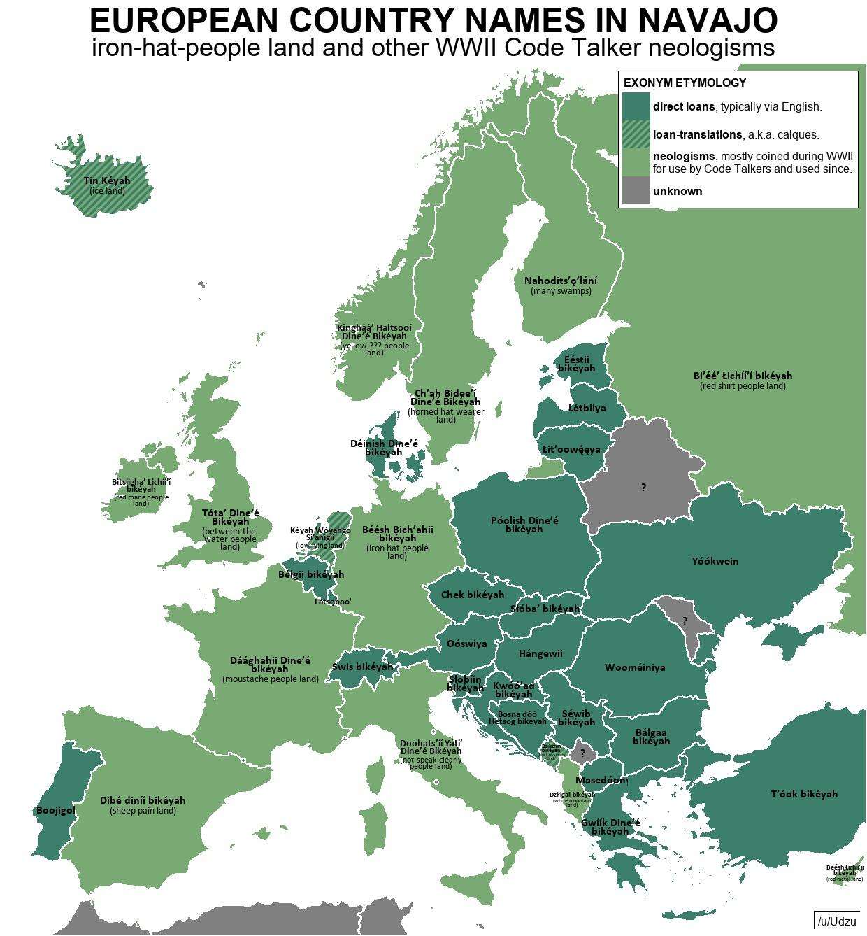 European country names in Navajo: "iron-hat-people land" and other WWII Code Talker neologisms