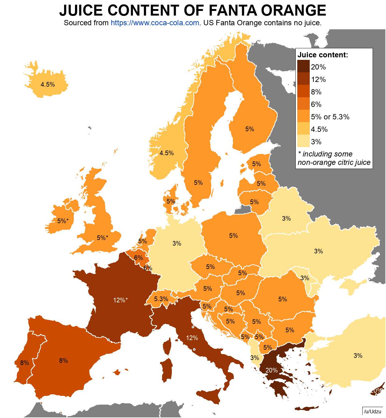 Juice content of Fanta Orange in different European countries