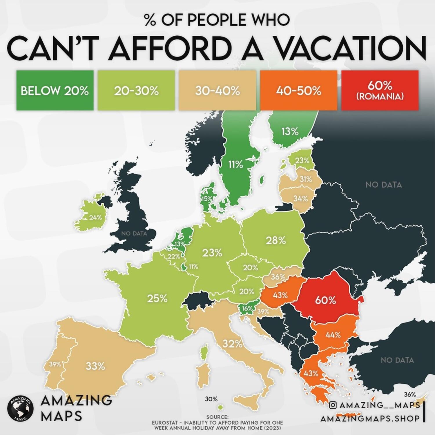 Percentage of people who can’t afford a 1 week holiday away from home, 2023