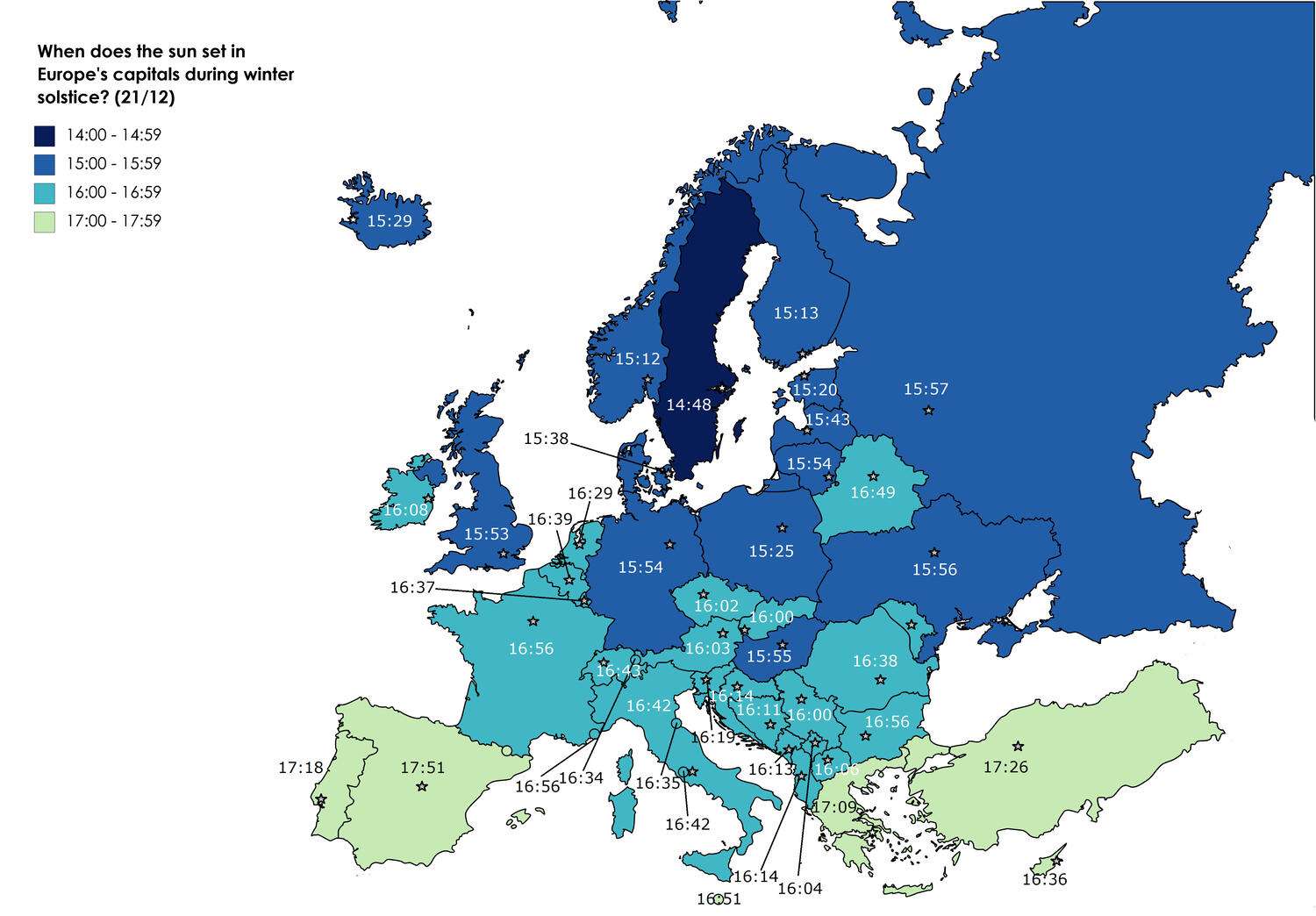 When does the sun set in Europe's capitals during winter solstice?