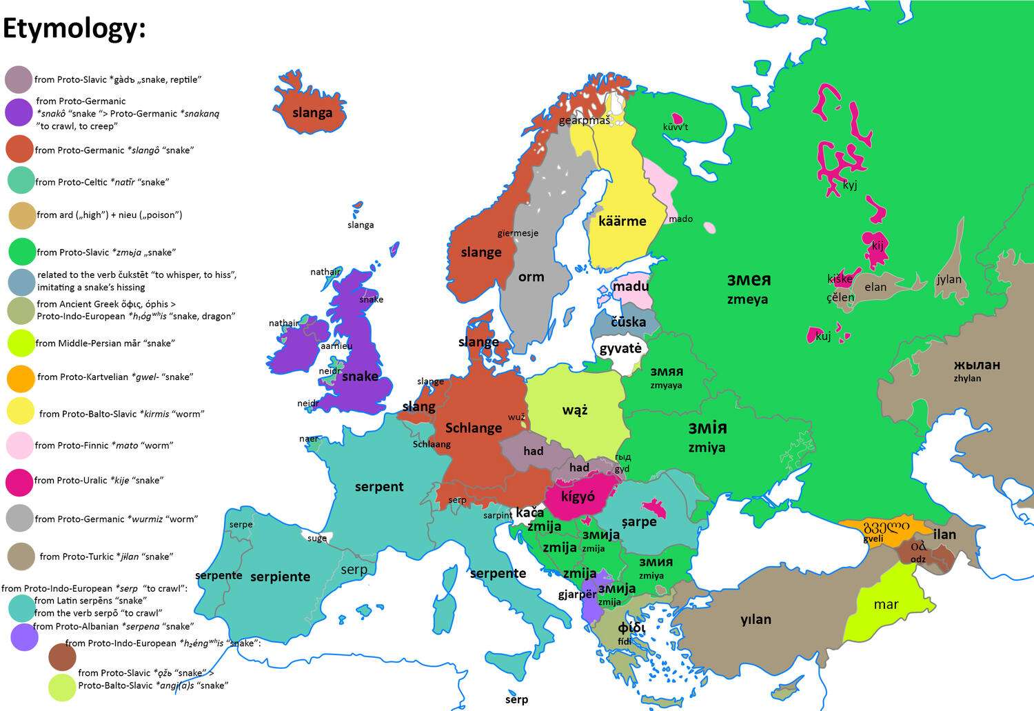 Etymology for the word "snake" in Europe