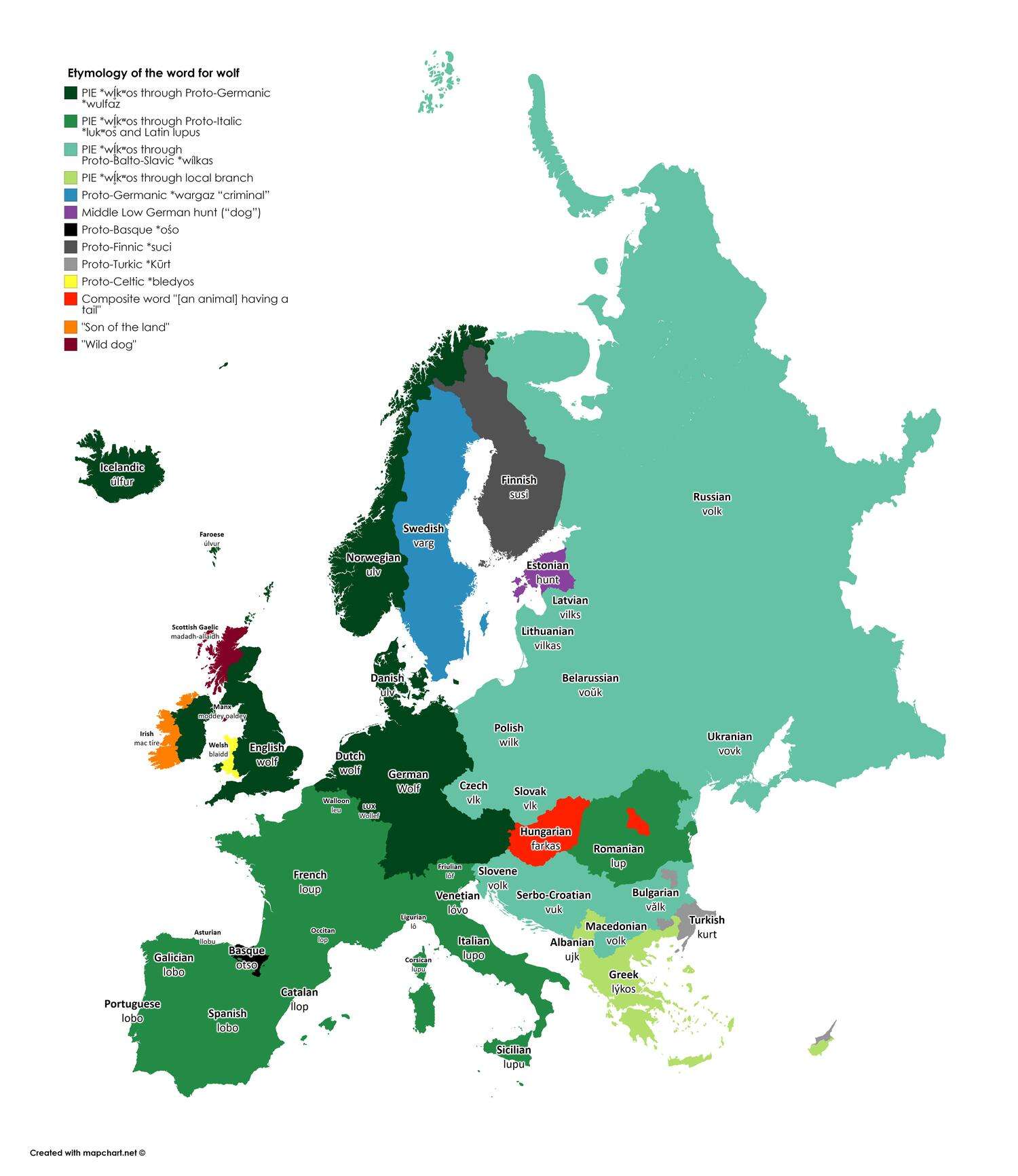 Etymology of the word for wolf in Europe