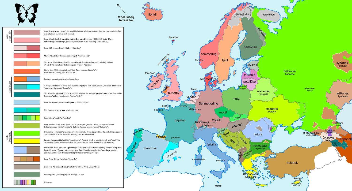 The word "butterfly" in various European languages