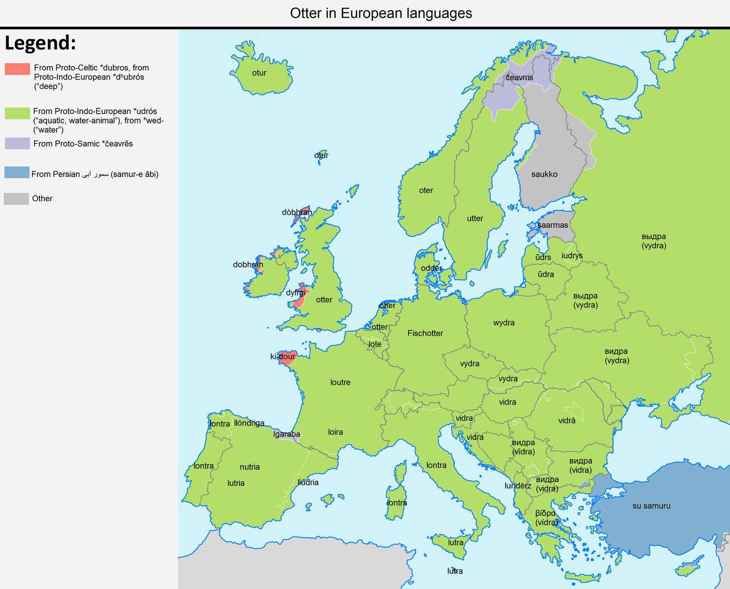 The word "otter" in European languages