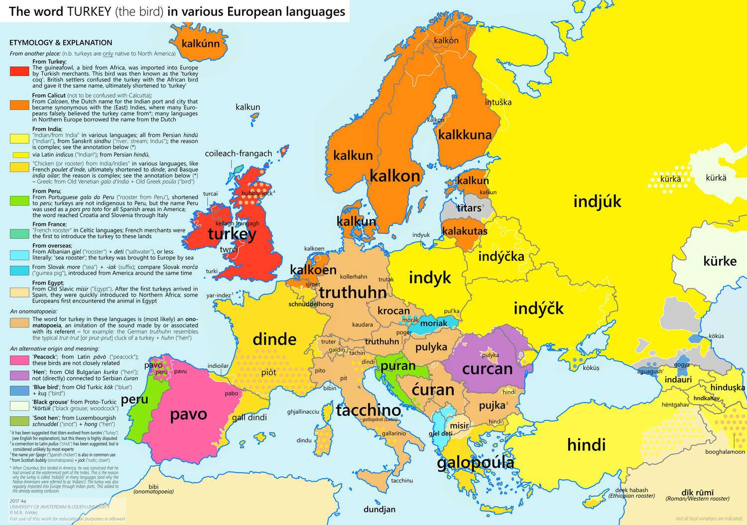The word 'turkey' (the bird) in various European languages
