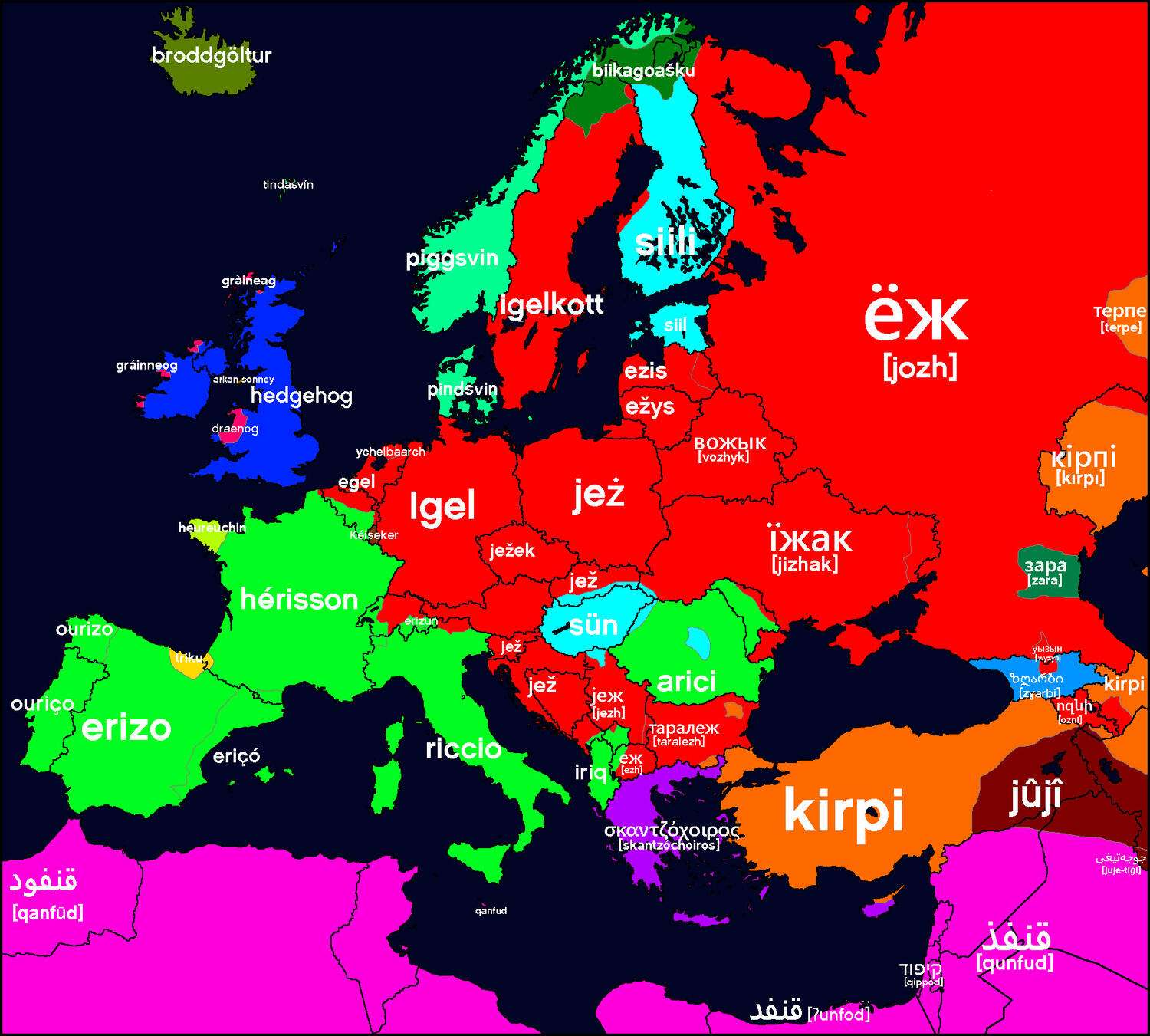 Word for hedgehog across Europe