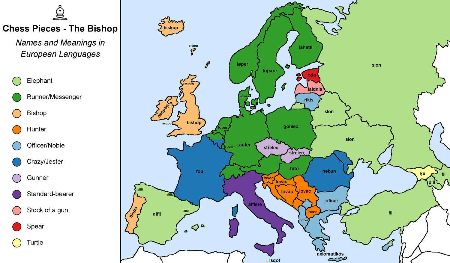The word for the chess piece "bishop" in European languages