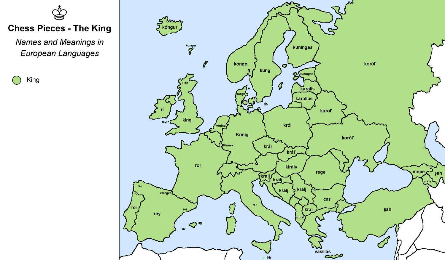 The word for the chess piece "king" in European languages
