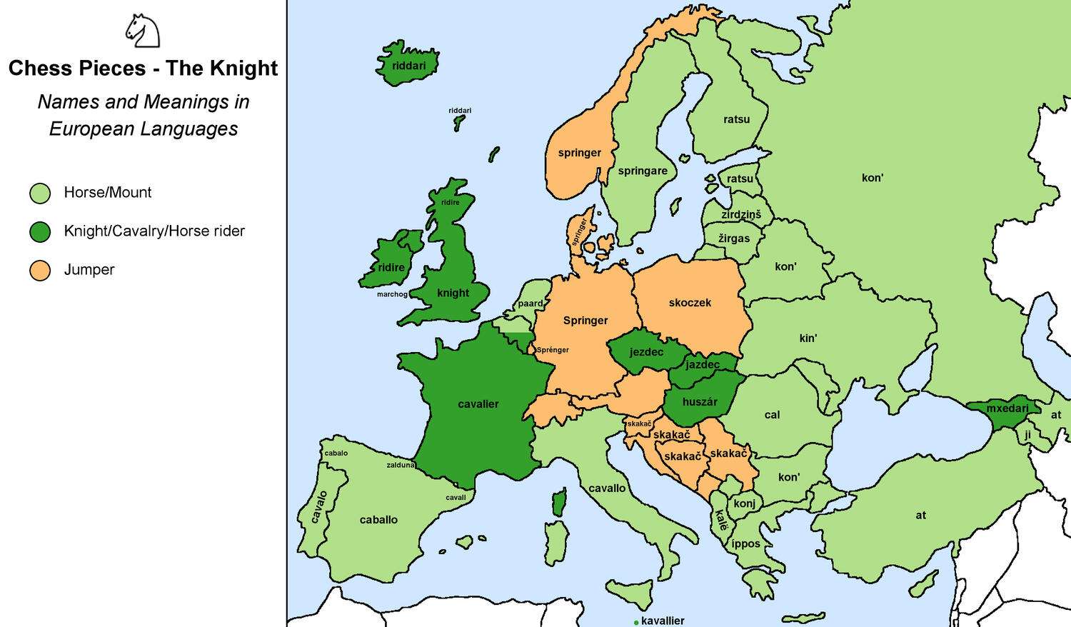 The word for the chess piece "knight" in European languages