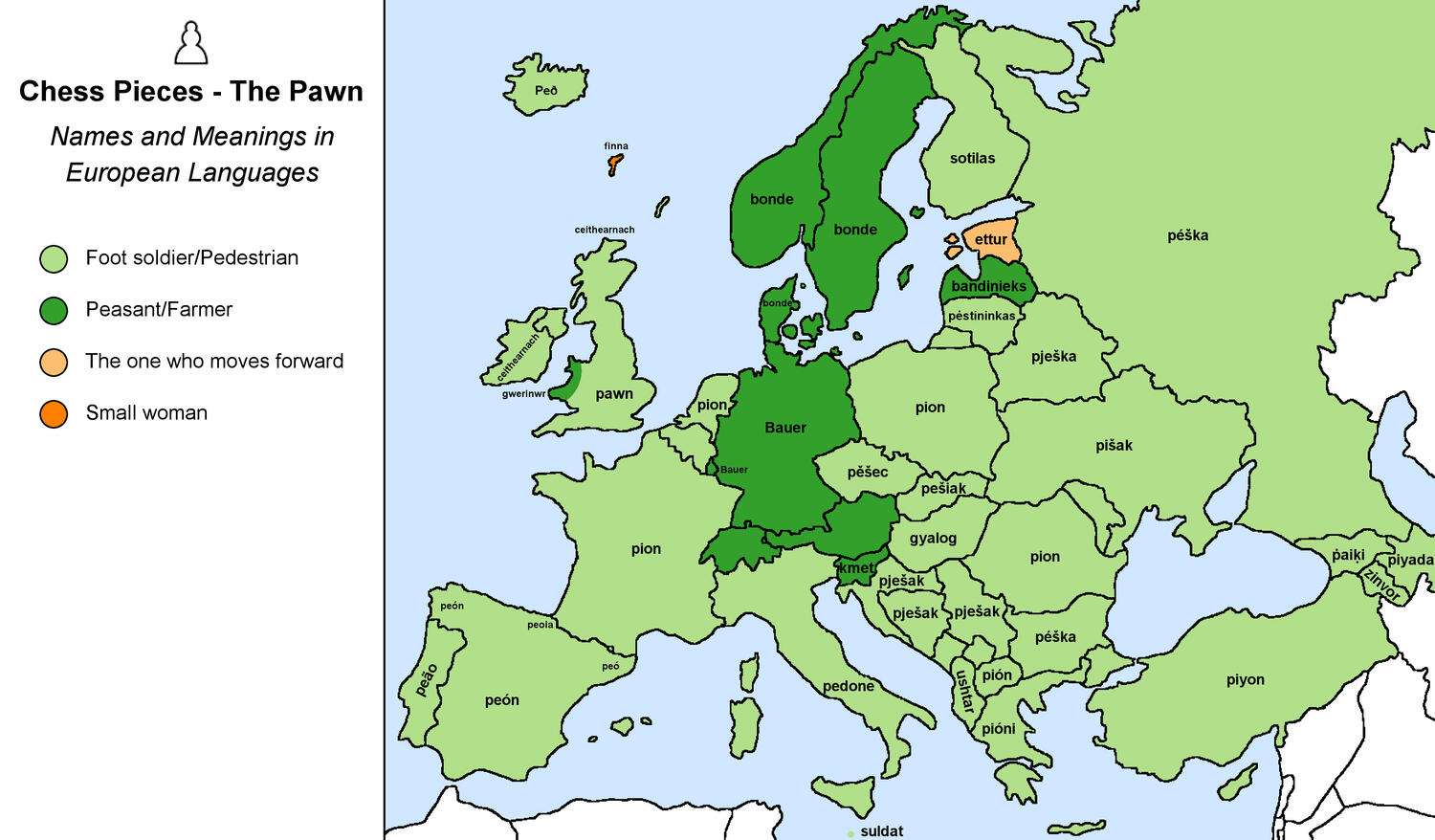 The word for the chess piece "pawn" in European languages