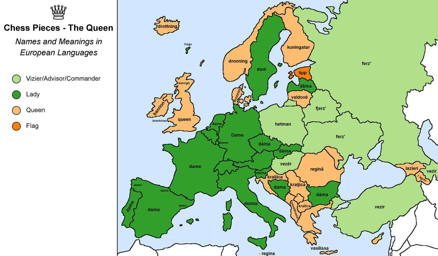The word for the chess piece "queen" in European languages